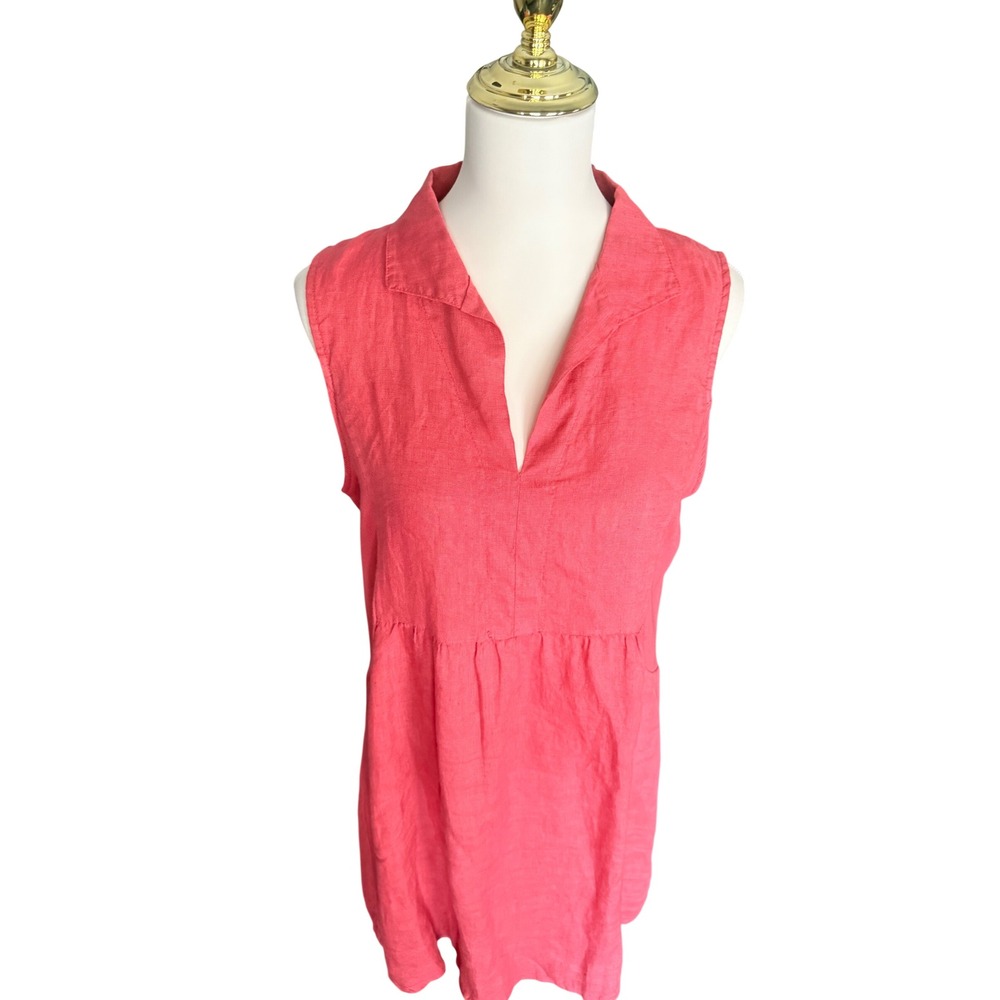 Terzo Millennio Coral Red Linen Sleeveless V-Neck Dress Made in Italy Size Med - Picture 3 of 11